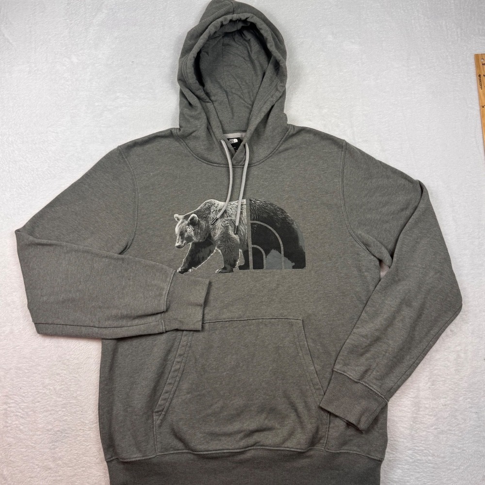 The North Face Mens Bear Logo Hoodie Gray Graphic Pullover Sweatshirt Medium